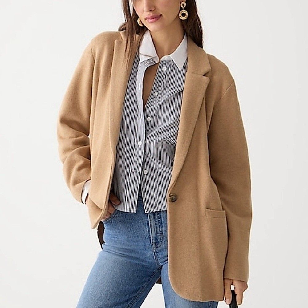 J Crew Cecile Relaxed Knit Sweater Blazer S Camel Merino Wool Blend Preppy Work
